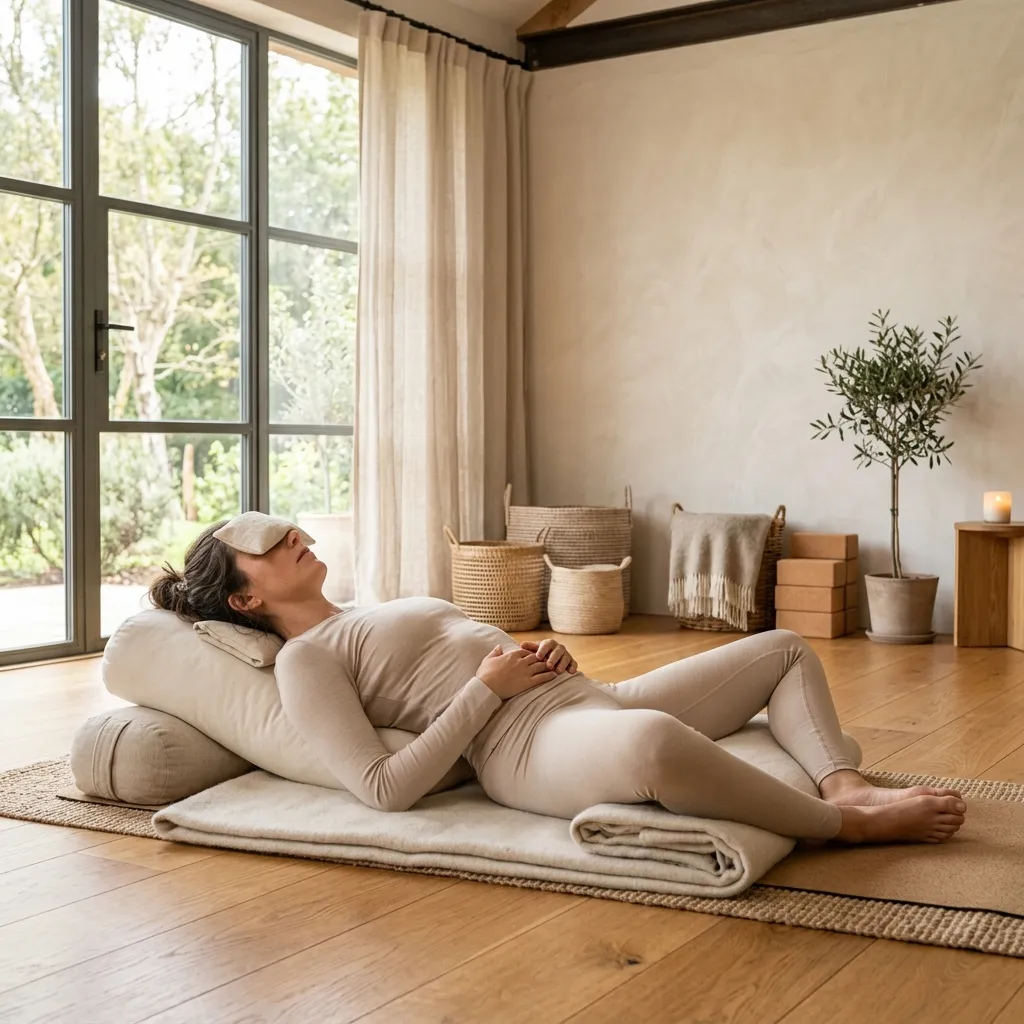 Student resting in a supported restorative yoga posture
