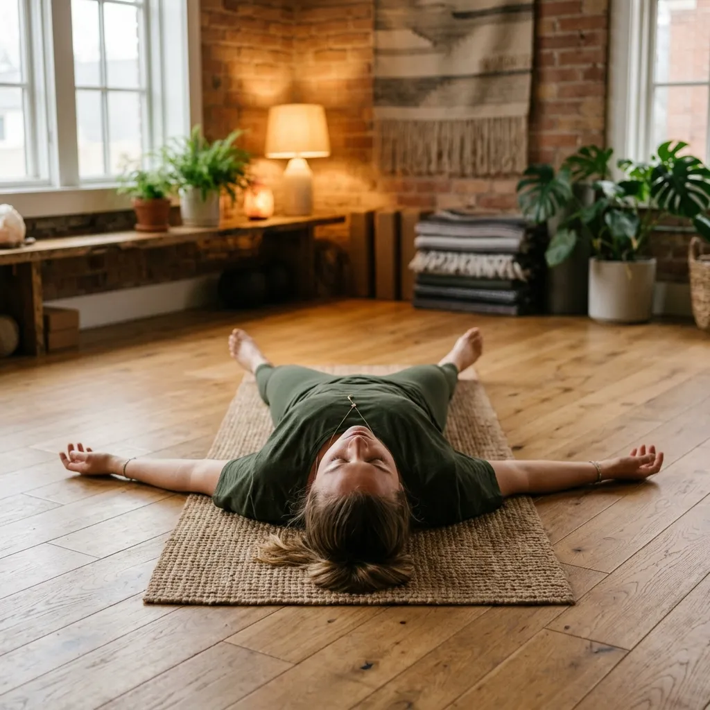 Person lying flat on the back in a relaxed resting pose