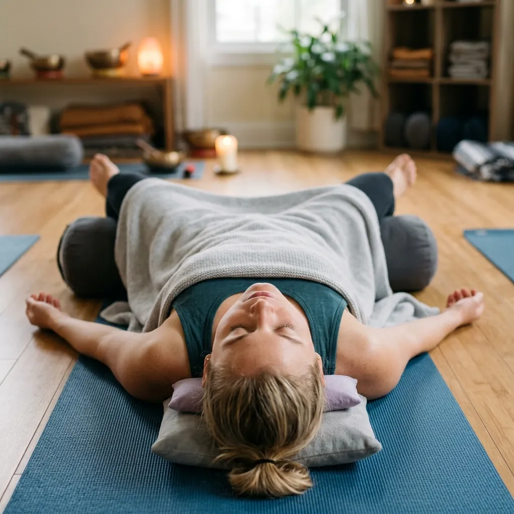 Person resting still on their back, quietly setting an intention during yoga nidra